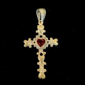 Sterling silver cross and ruby heart pendant